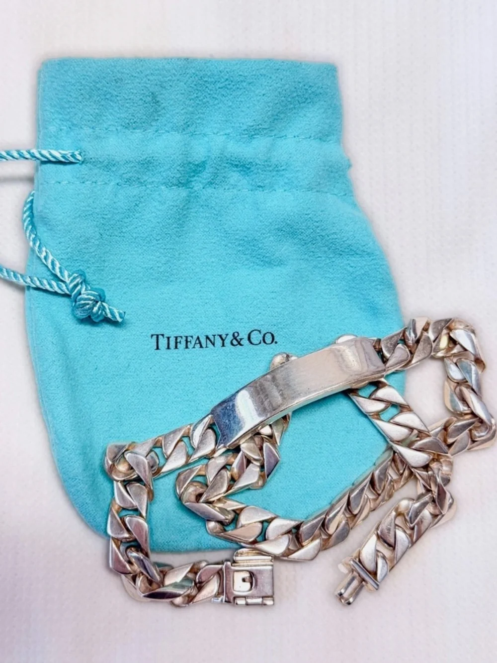 Tiffany & Co. Sterling Silver Cuban Link Bracelet with Signature Turquoise Pouch